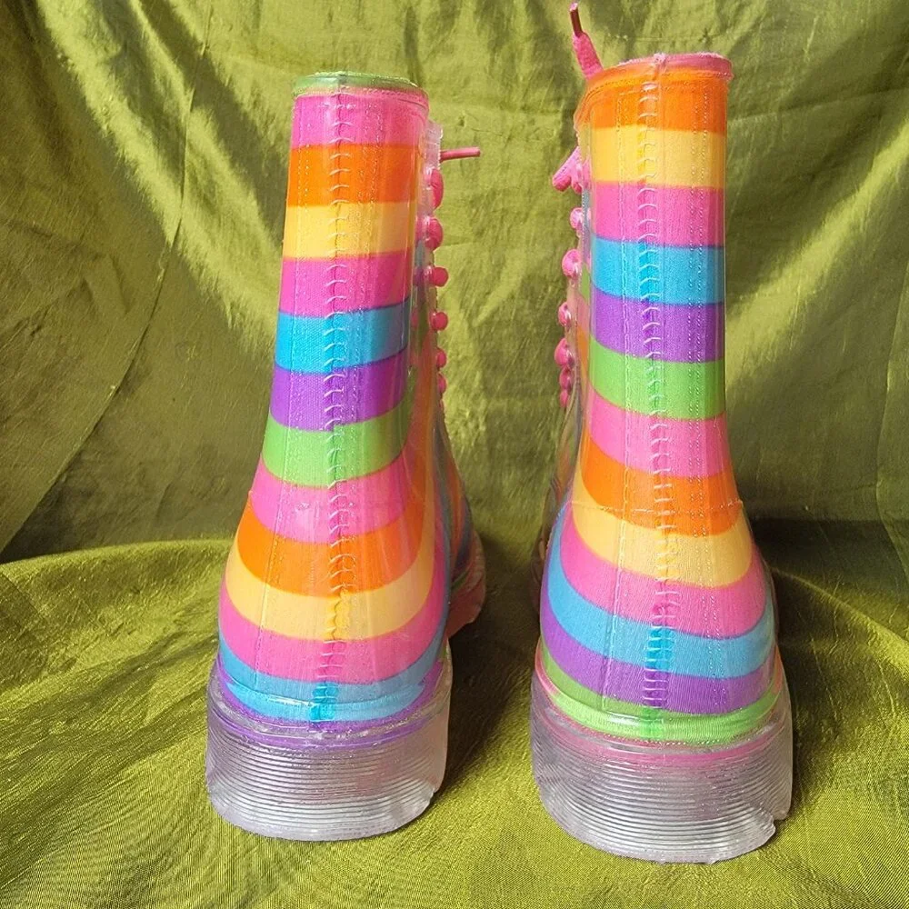 Pastel Rainbow Striped Rubber Combat Boots for Rain Girls Size 4